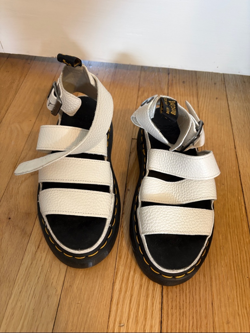 Dr. Martens White Leather Buckle Sandals with Black Soles